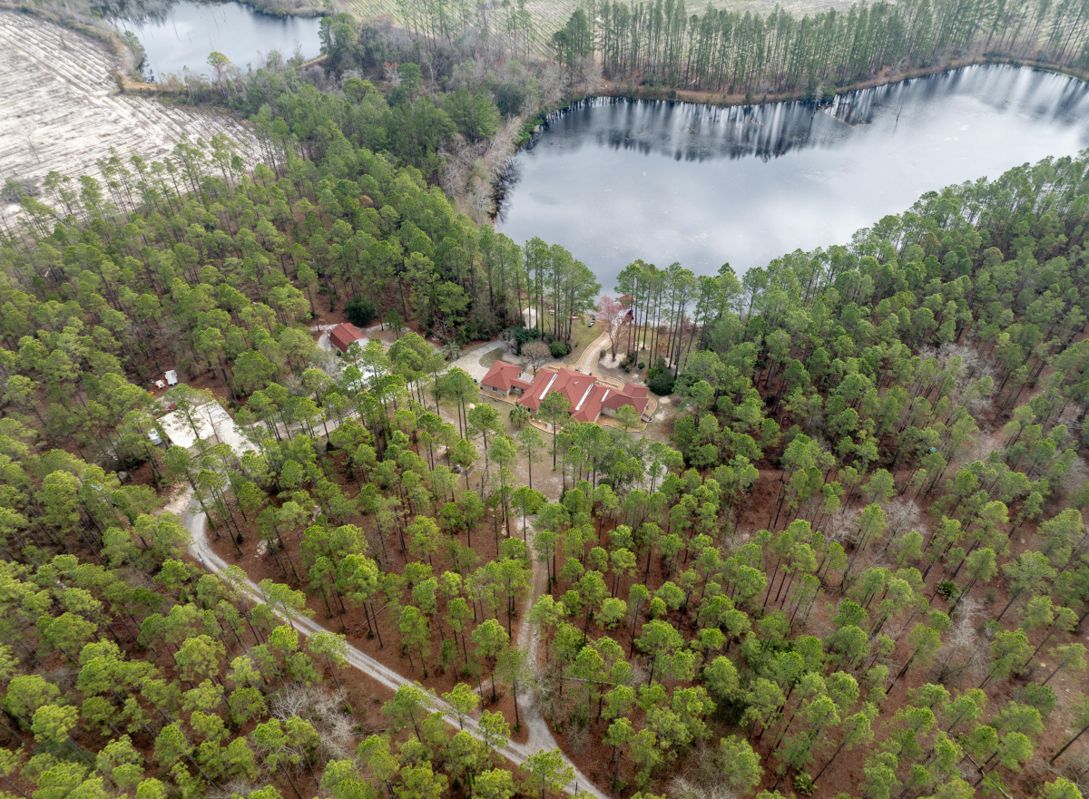 Aerial view of a luxury estate in Hoboken GA with a private lake and sustainable features