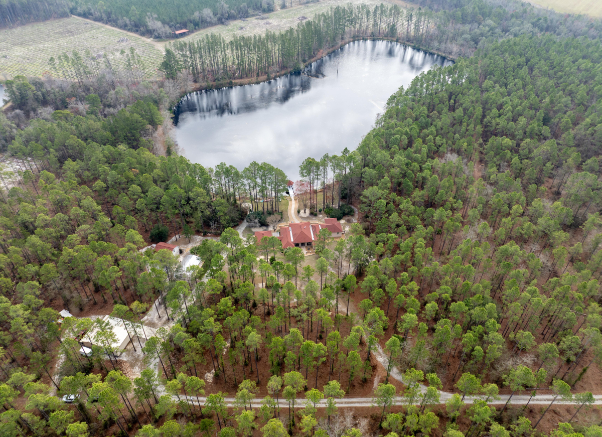 Aerial view of a luxury estate in Hoboken GA with a private lake and sustainable features