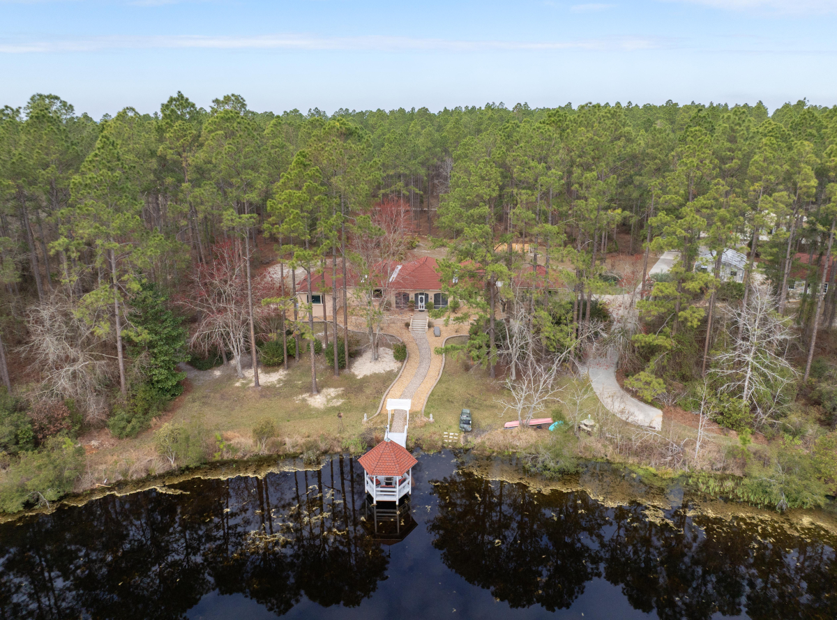 Aerial view of a luxury estate in Hoboken GA with a private lake and sustainable features